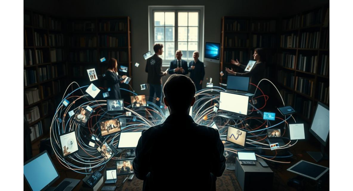 図書室のような室内で、人物の背後に複数の画面やデータがネットワーク状に広がり、AIによる情報処理や意思決定の様子を表現したイメージ。