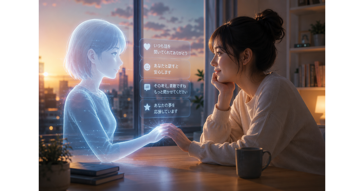 夕暮れの部屋で女性とホログラムAIが向き合うイメージ画像。AI時代の中で、人が“理解”や“心の繋がり”を求め始めている未来の関係性を表現している。