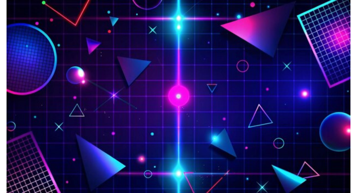 ネオンのグリッドと幾何学図形が広がる未来的なデジタル背景イメージ