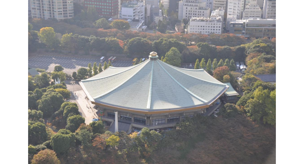 東京の日本武道館を上空から捉えた様子。緑に囲まれた特徴的な屋根の建物と周囲の都市景観が広がる歴史的会場の風景。