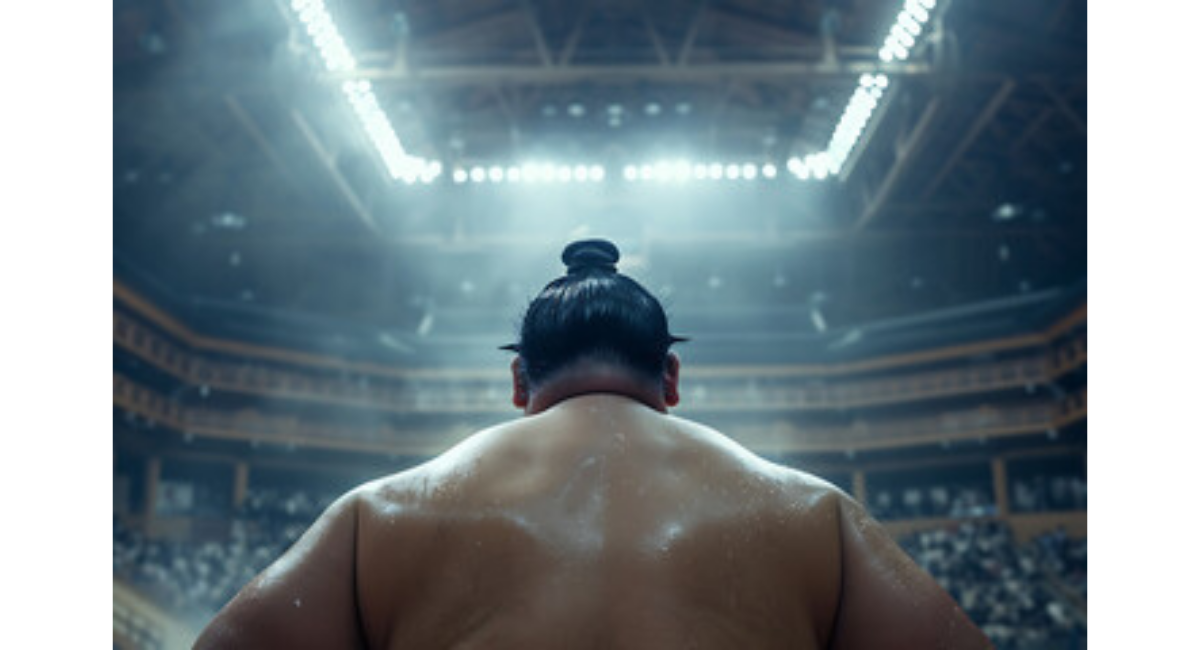 土俵に向かう力士の背中を後方から捉えたシーン。照明に照らされた会場の中で、取組前の緊張感と大相撲の迫力を感じさせるイメージ。
