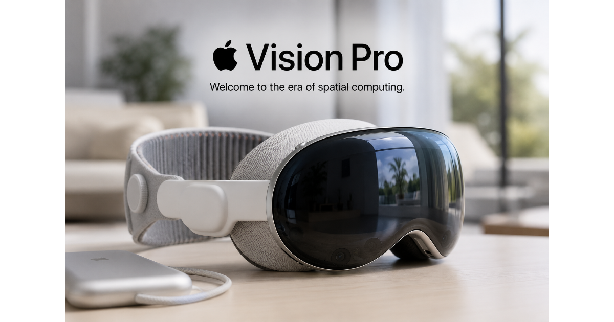 Apple Vision Proのイメージ画像。次世代ARヘッドセットとして空間コンピューティングを実現し、現実空間にデジタル情報を重ねて表示する未来のコンピューター体験を表現している。