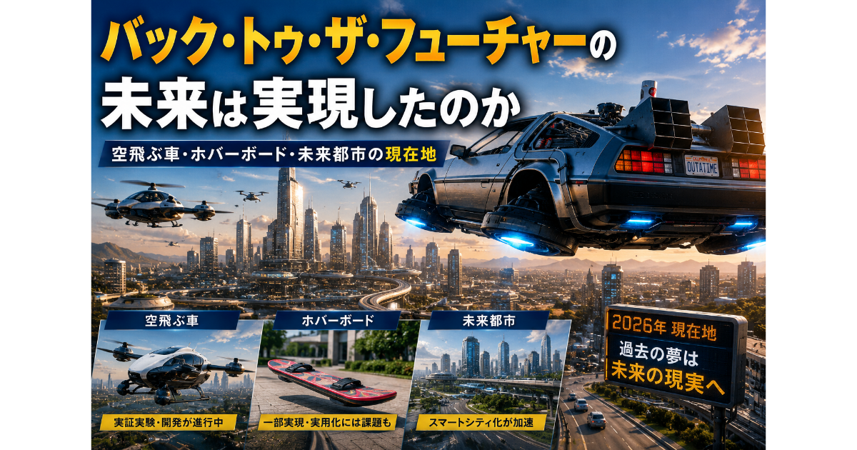 バック・トゥ・ザ・フューチャーが描いた未来をテーマにしたイメージ画像。空飛ぶ車やホバーボードが未来都市の上空を飛行し、スマートシティが広がる様子を描いている。SF映画で予想された未来技術が2026年現在どこまで現実になったのかを表現している。