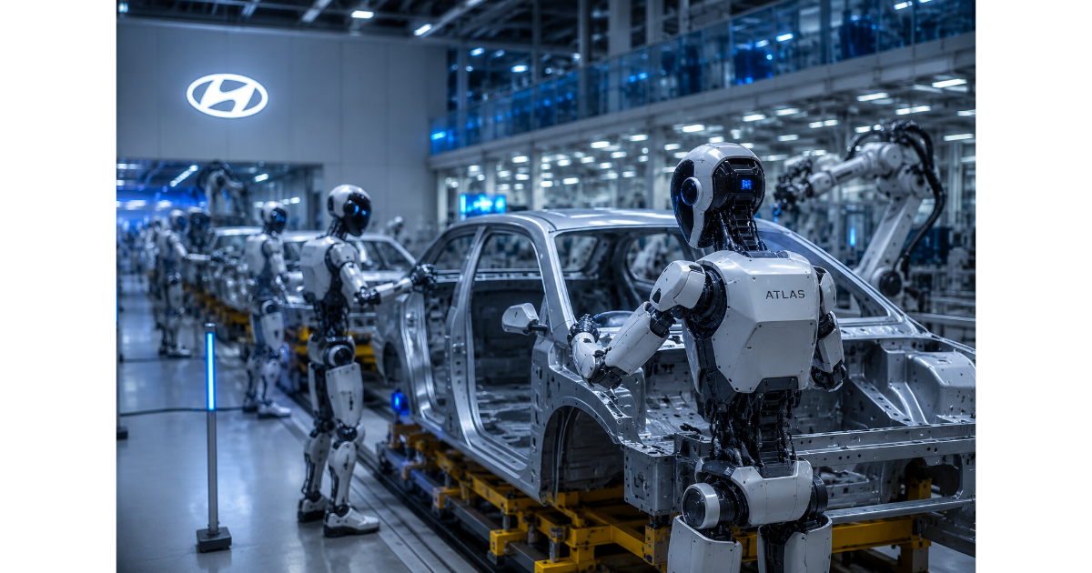 現代自動車の未来工場をイメージした画像。人型ロボットAtlasが自動車の組み立て作業を行い、AIとロボットによる次世代の自動車製造ラインと無人化工場の未来を表現している。