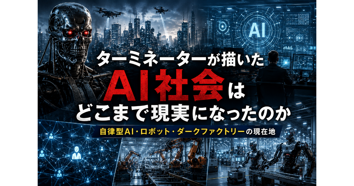 ターミネーターが描いたAI社会をテーマにしたイメージ画像。AIロボット、自律型AI、監視システム、ダークファクトリーが描かれ、SF映画で予想された未来が現在のAI技術やロボット社会によってどこまで現実になったのかを表現している。