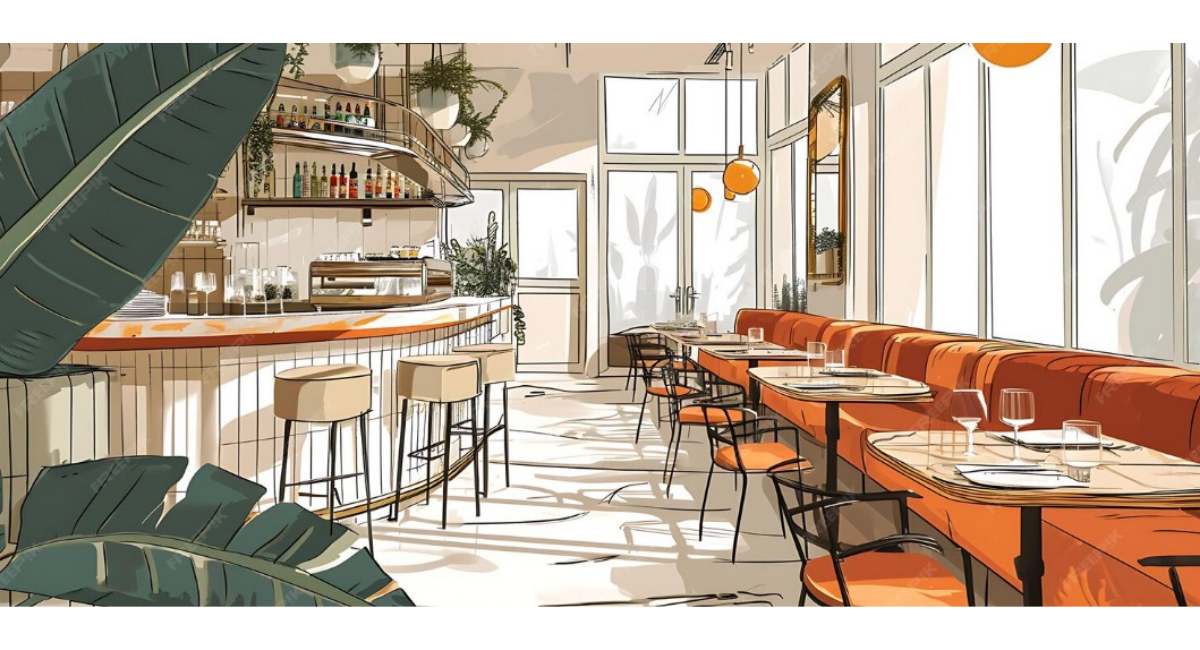 明るくおしゃれなカフェ店内のテーブル席とカウンターのイラストのイメージ