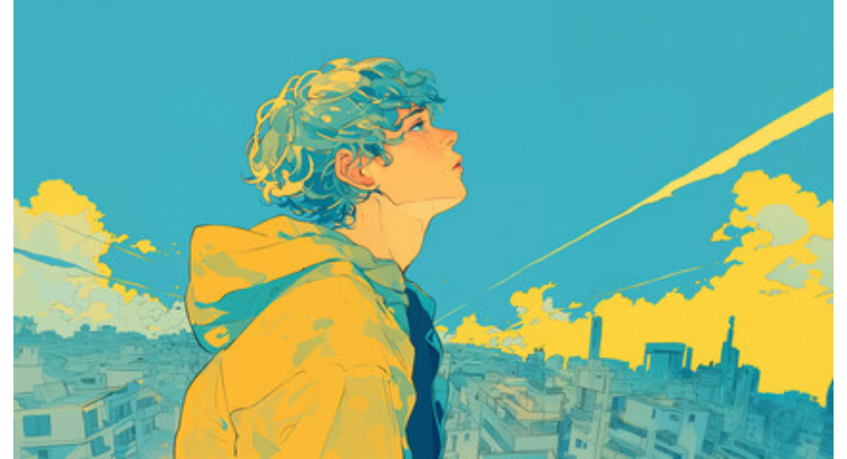 街並みを背景に空を見上げる若い人物の横顔イラストのイメージ
