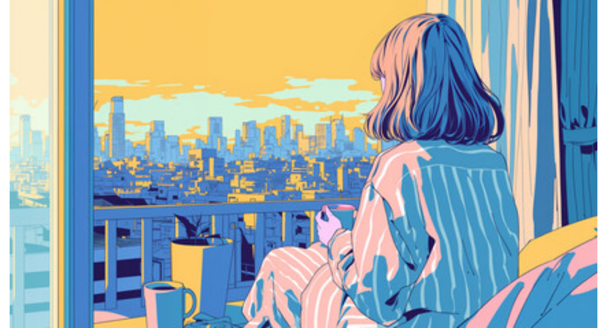 部屋の窓辺で街の景色を眺めながら飲み物を持つ人物のイラストのイメージ