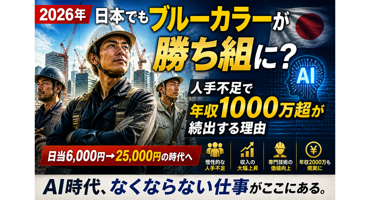 日本でブルーカラーの年収が上昇する背景として、建設現場とAIの対比で人手不足と雇用の二極化、年収1000万円超の増加を表現したイメージ