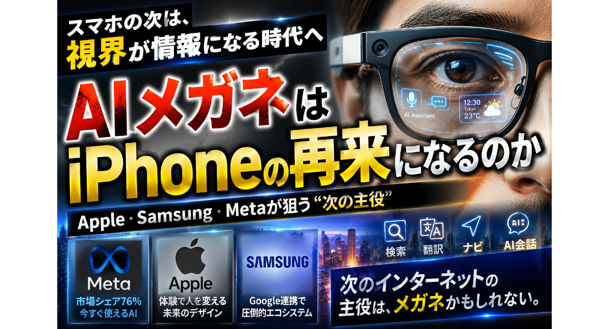 AIメガネはiPhoneの再来になるのかをテーマにしたイメージ画像。スマートグラスを装着した人物を中心に、Apple・Samsung・MetaのAI戦略や、検索・翻訳・ナビゲーションなど未来の生活を表現したデザイン。
