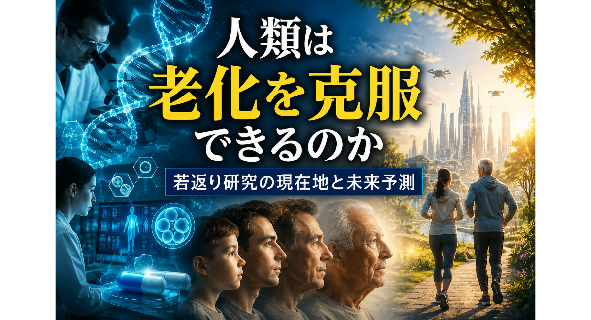 若返り研究の現在地と未来予測をテーマに、DNA研究、再生医療、AI創薬、健康寿命の延長、人類の老化克服の可能性を表現したイメージ画像。