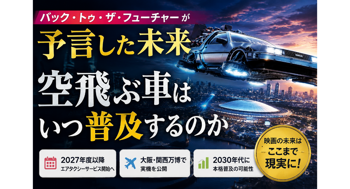 バック・トゥ・ザ・フューチャーが描いた未来をテーマにしたイメージ画像。未来都市の上空を空飛ぶ車が飛行し、「空飛ぶ車はいつ普及するのか」というテーマを表現している。大阪・関西万博での実機公開や2027年度以降のエアタクシー計画、2030年代の普及予測など、SF映画の未来が現実へ近づいている様子を描いている。
