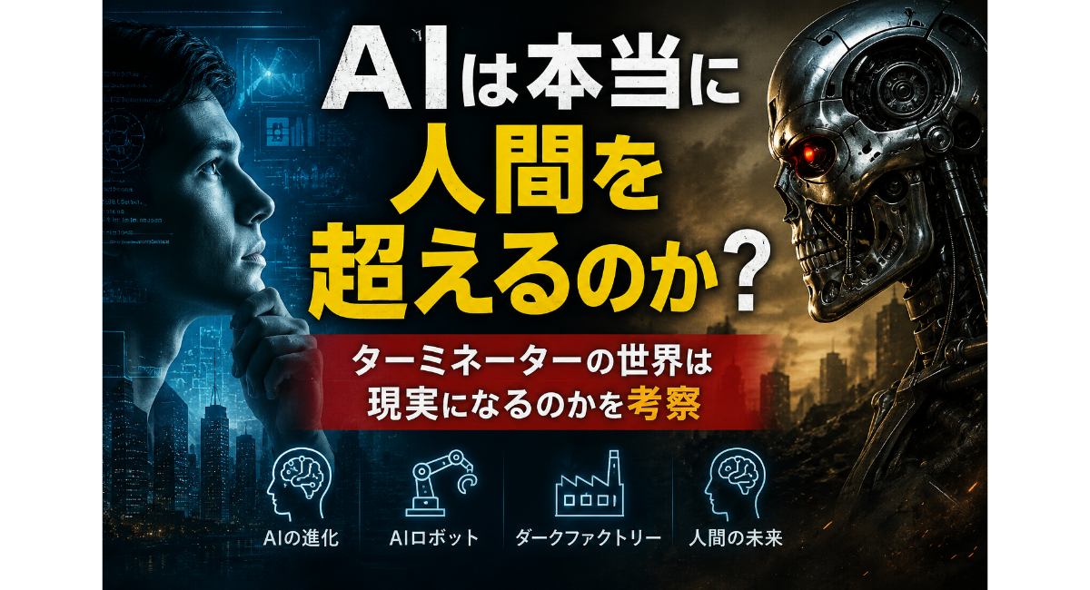 AIは本当に人間を超えるのかをテーマにしたイメージ画像。未来都市を背景に、AIの進化を象徴するターミネーター風ロボットと考え込む人物が描かれ、スカイネットやダークファクトリー、人間の未来について考察する様子を表現している。