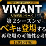 VIVANT人物解説シリーズ第14弾のアイキャッチ画像。「第2シーズンでベキは登場する？再登場の可能性を徹底考察【2026年版】」というタイトルを大きく配置。別班ファイルや機密資料、ヘリコプター、都市のシルエット、聴診器などが描かれた、サスペンス感のあるネイビーとゴールドを基調とした統一デザイン。