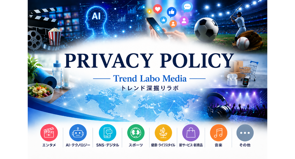 Trend Labo Mediaのプライバシーポリシーページ用ヘッダー画像。AI・テクノロジー・スポーツ・エンタメなど幅広いジャンルを扱うトレンドメディアの個人情報保護方針を案内するデザイン。