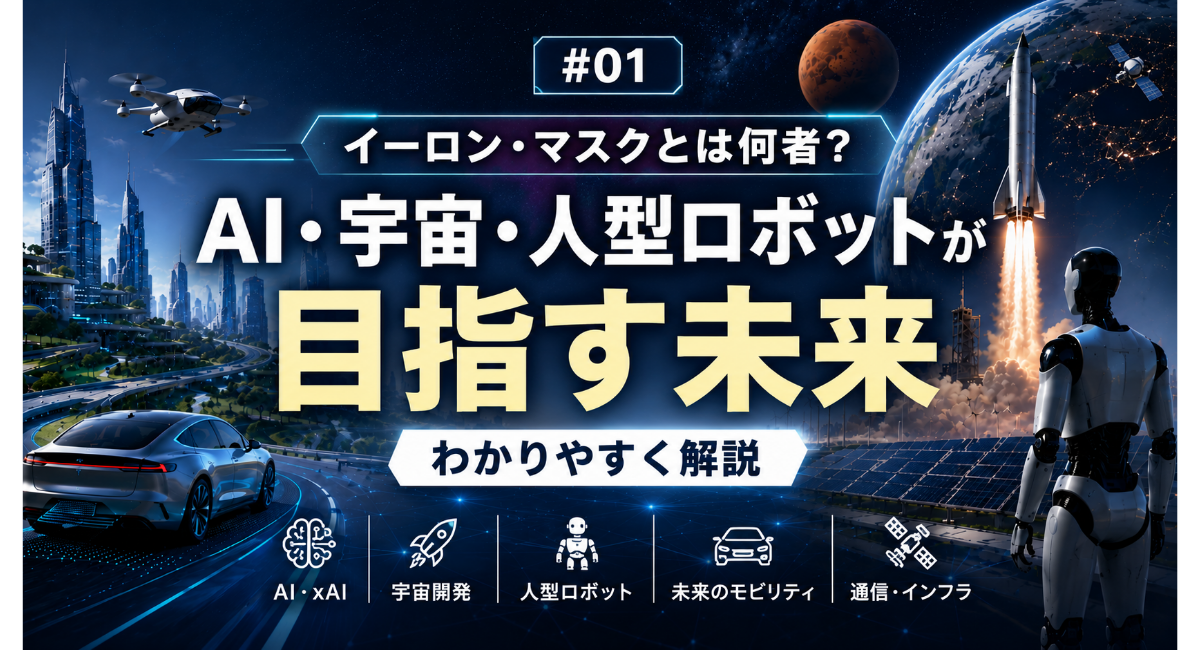 イーロン・マスクが目指すAI・宇宙・人型ロボットによる未来をテーマにしたTrend Laboシリーズ第1回の記事アイキャッチ画像。未来都市、ロケット、電気自動車、人型ロボットを背景に、イーロン・マスクが描く未来をわかりやすく解説する内容を表現。